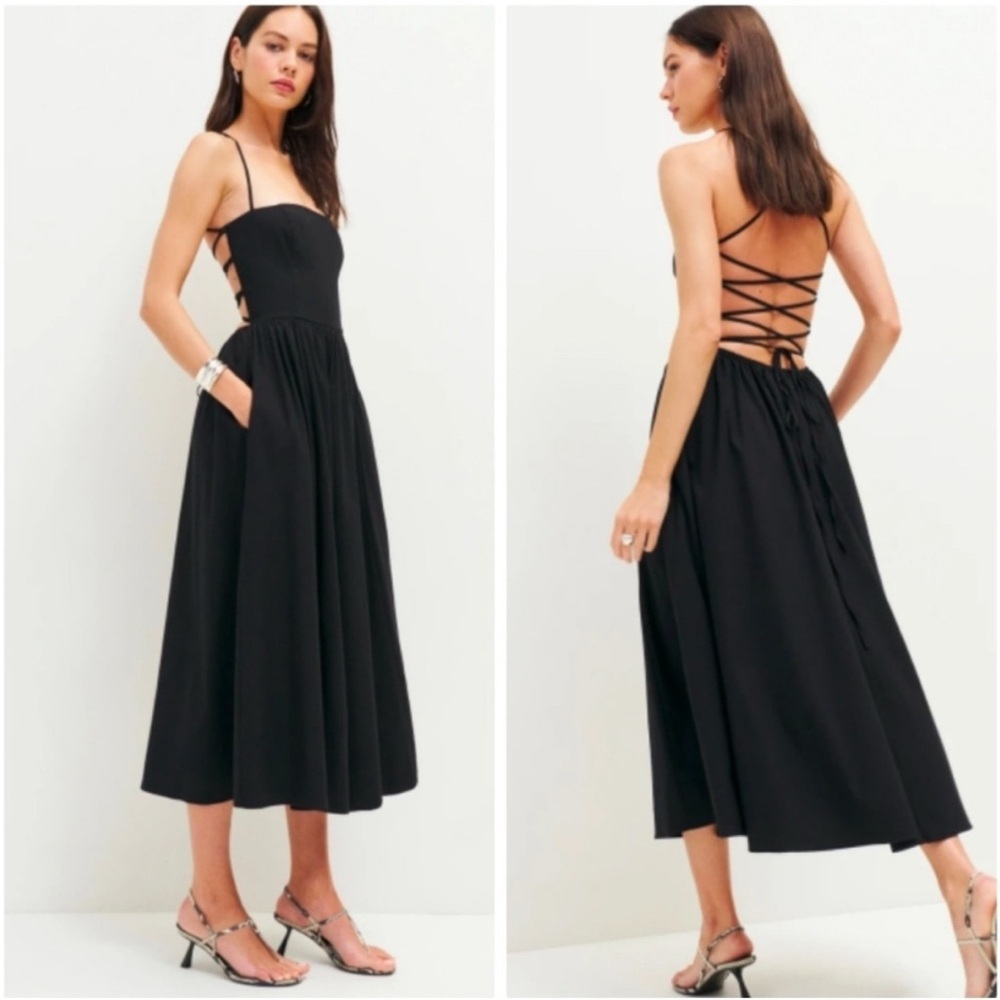 Reformation Kaede Poplin Midi Black Dress Size 2
